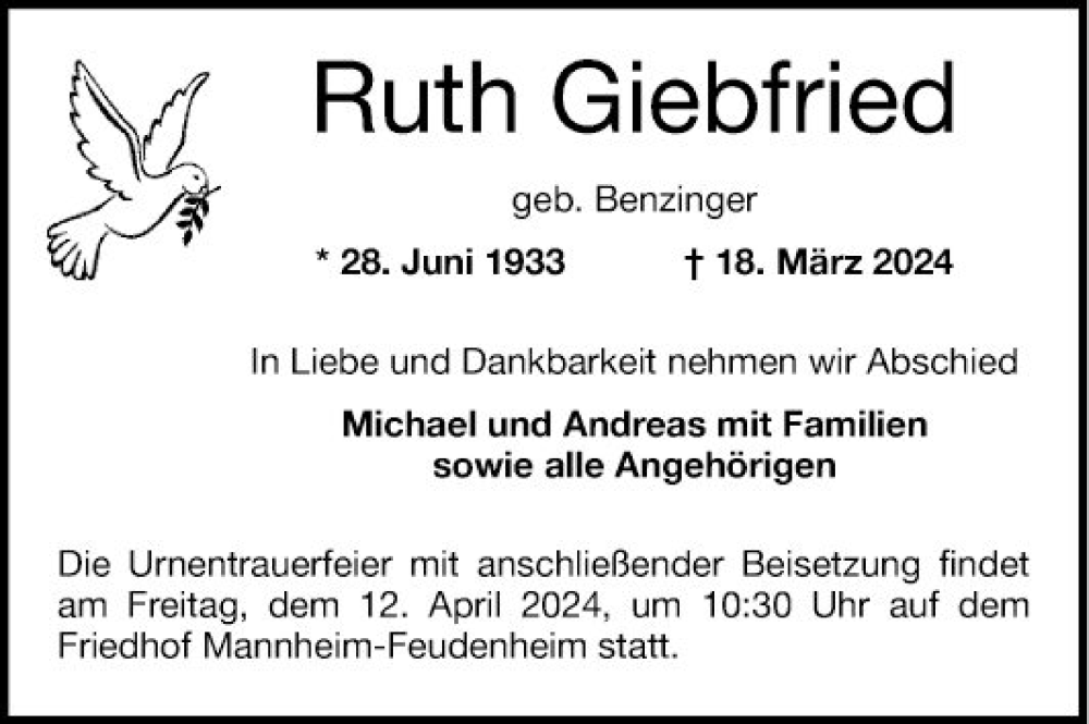  Traueranzeige für Ruth Giebfried vom 06.04.2024 aus Mannheimer Morgen