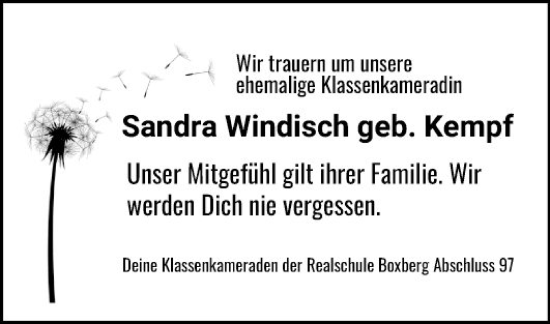 Traueranzeige von Sandra Windisch von Fränkische Nachrichten