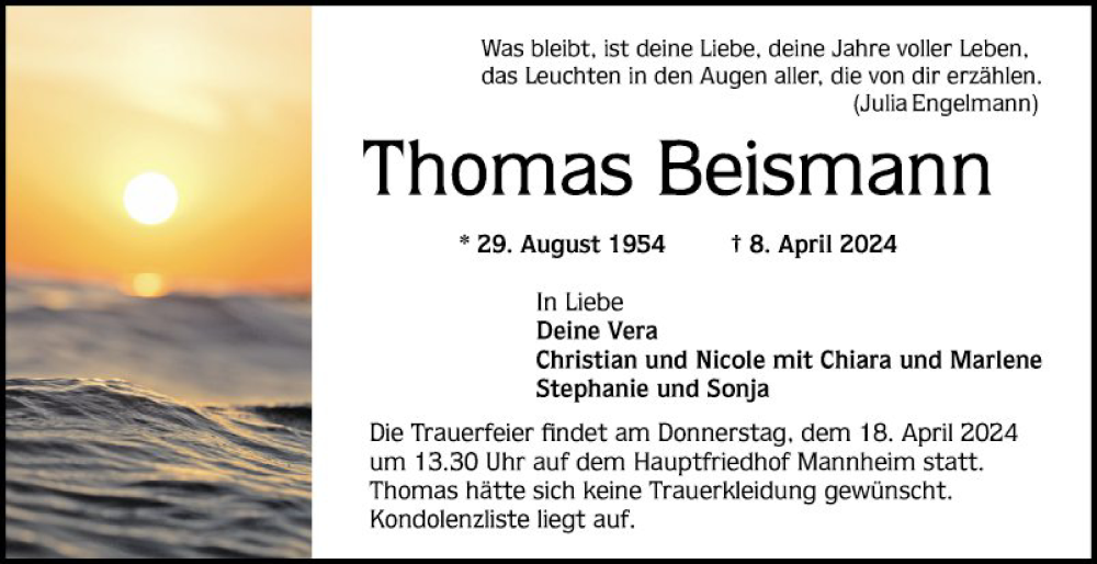  Traueranzeige für Thomas Beismann vom 13.04.2024 aus Mannheimer Morgen