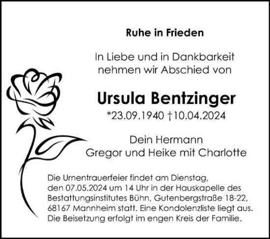 Traueranzeige von Ursula Bentzinger von Mannheimer Morgen