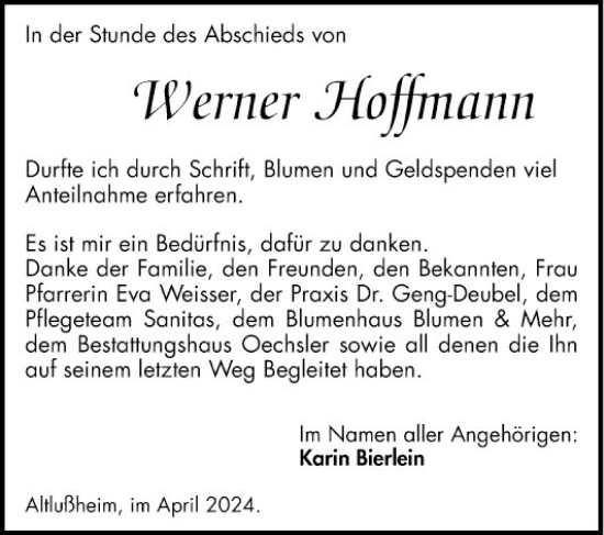 Traueranzeige von Werner Hoffmann von Schwetzinger Zeitung