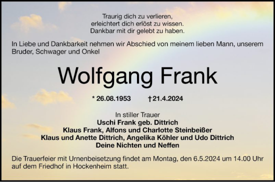 Traueranzeige von Wolfgang Frank von Schwetzinger Zeitung