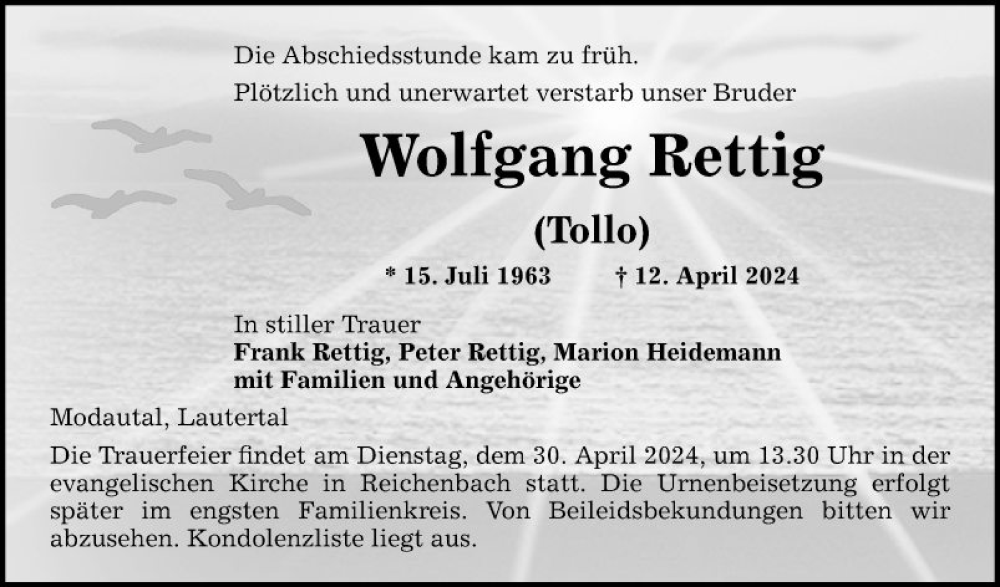  Traueranzeige für Wolfgang Rettig vom 27.04.2024 aus Bergsträßer Anzeiger