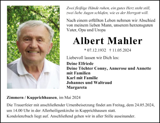 Traueranzeige von Albert Mahler von Fränkische Nachrichten