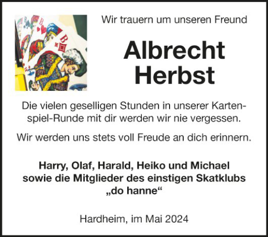 Traueranzeige von Albrecht Herbst von Fränkische Nachrichten