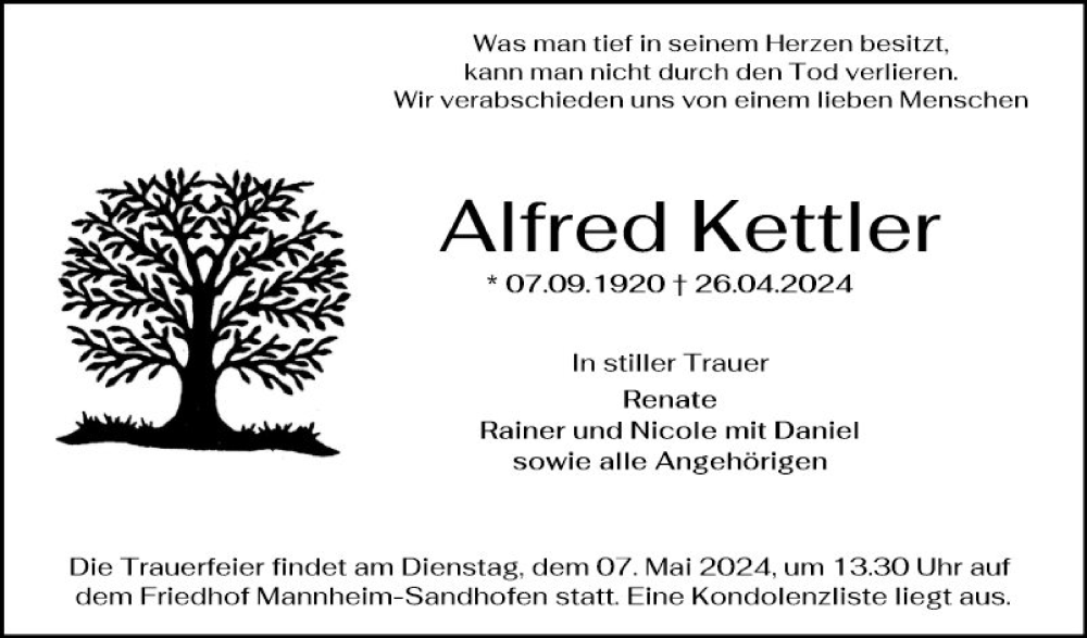  Traueranzeige für Alfred Kettler vom 04.05.2024 aus Mannheimer Morgen