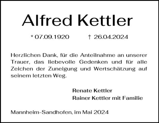 Traueranzeige von Alfred Kettler von Mannheimer Morgen