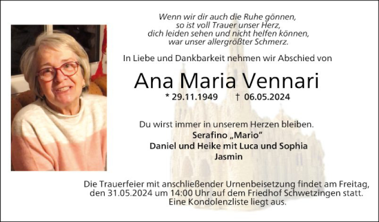 Traueranzeige von Ana Maria Vennari von Schwetzinger Zeitung