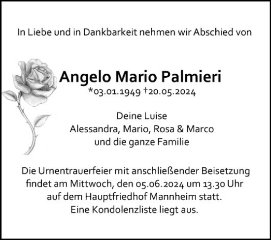 Traueranzeige von Angelo Mario Palmieri von Mannheimer Morgen