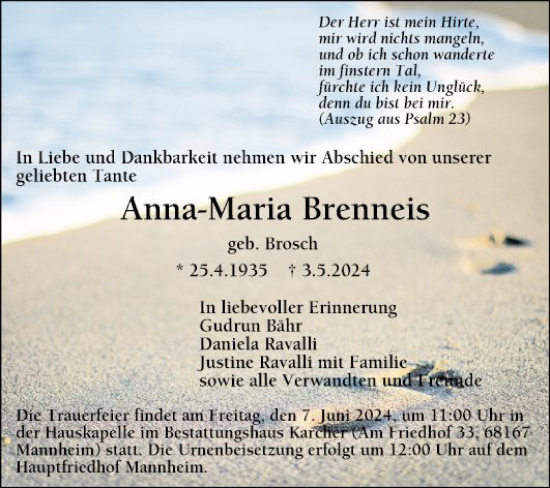 Traueranzeige von Anna-Maria Brenneis von Mannheimer Morgen