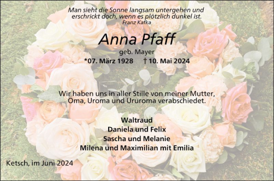 Traueranzeige von Anna Pfaff von Schwetzinger Zeitung