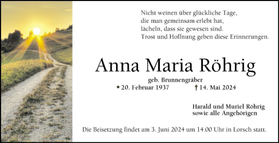 Traueranzeige von Anna Maria Röhrig von Bergsträßer Anzeiger