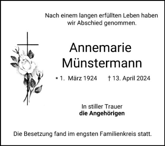 Traueranzeige von Annemarie Münstermann von Bergsträßer Anzeiger