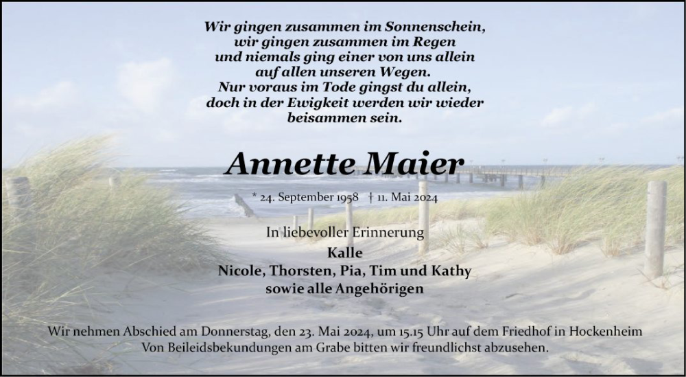  Traueranzeige für Annette Maier vom 18.05.2024 aus Schwetzinger Zeitung