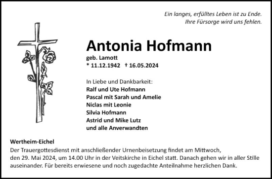 Traueranzeige von Antonia Hofmann von Fränkische Nachrichten