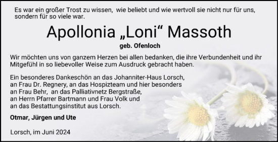 Traueranzeige von Apollonia Massoth von Bergsträßer Anzeiger