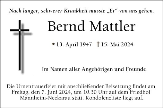 Traueranzeige von Bernd Mattler von Mannheimer Morgen