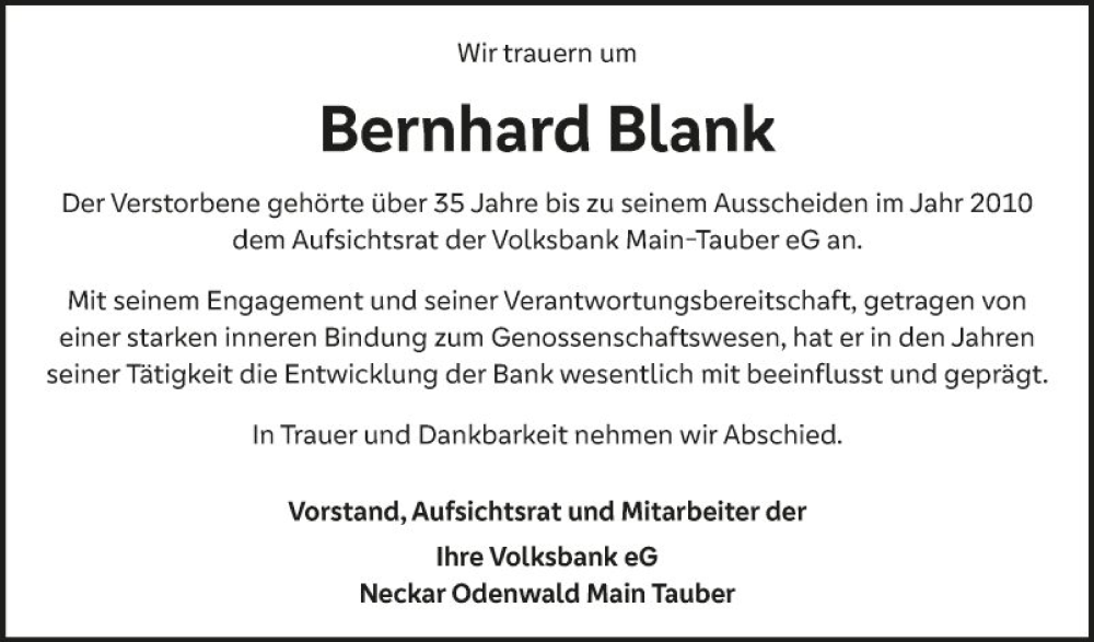  Traueranzeige für Bernhard Blank vom 22.05.2024 aus Fränkische Nachrichten