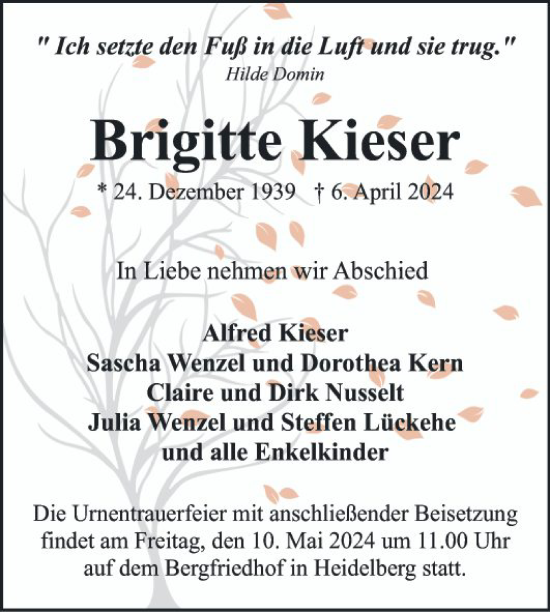 Traueranzeige von Brigitte Kieser von Mannheimer Morgen
