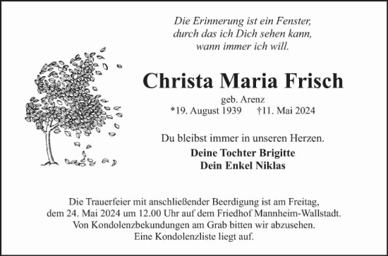 Traueranzeige von Christa Maria Frisch von Mannheimer Morgen