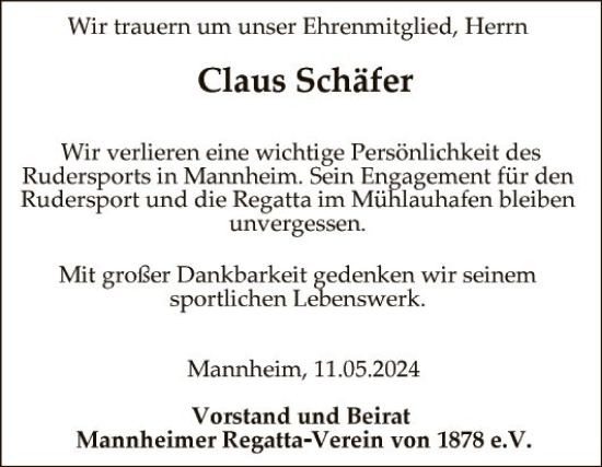 Traueranzeige von Claus Schäfer von Mannheimer Morgen