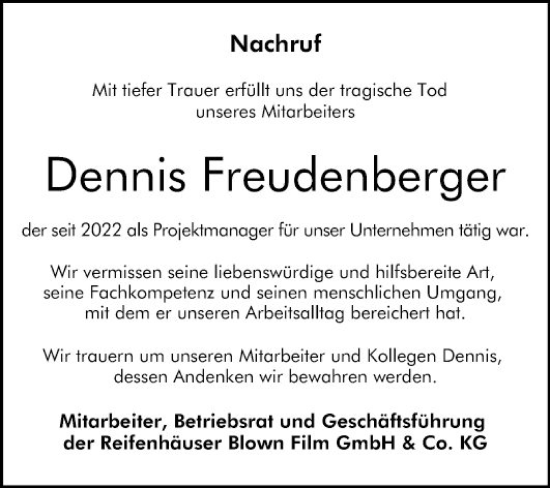 Traueranzeige von Dennis Freudenberger von Bergsträßer Anzeiger