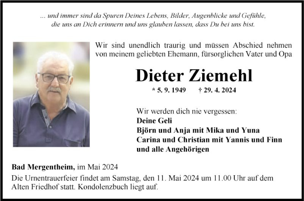  Traueranzeige für Dieter Ziernehl vom 08.05.2024 aus Fränkische Nachrichten