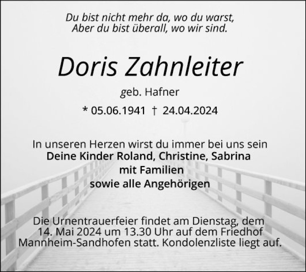  Traueranzeige für Doris Zahnleiter vom 11.05.2024 aus Mannheimer Morgen