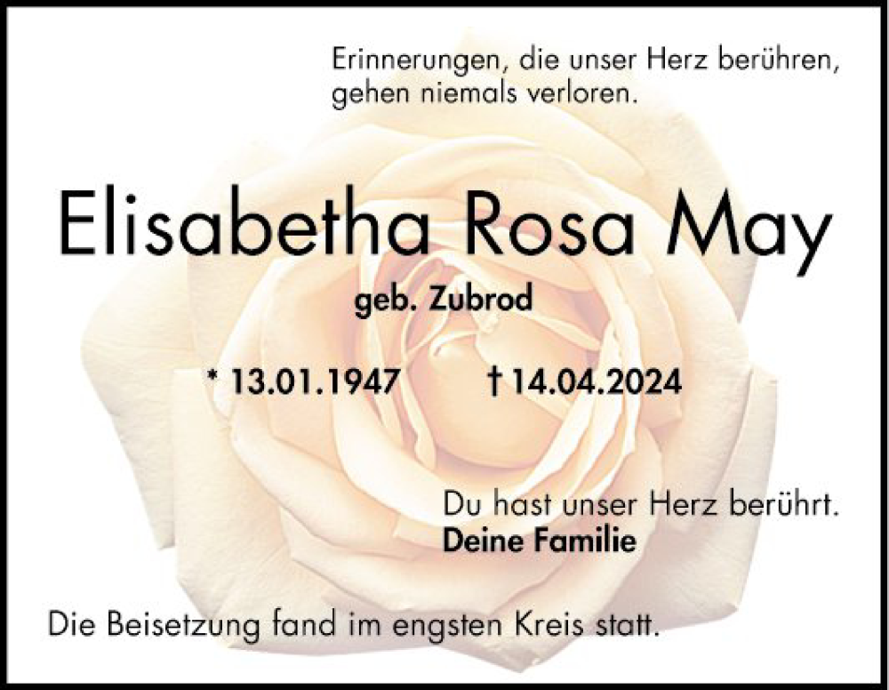  Traueranzeige für Elisabetha Rosa May vom 04.05.2024 aus Bergsträßer Anzeiger