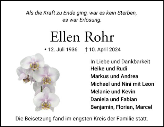 Traueranzeige von Ellen Rohr von Mannheimer Morgen