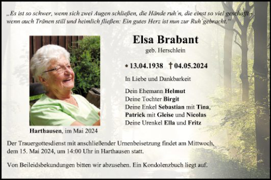 Traueranzeige von Elsa Brabant von Fränkische Nachrichten