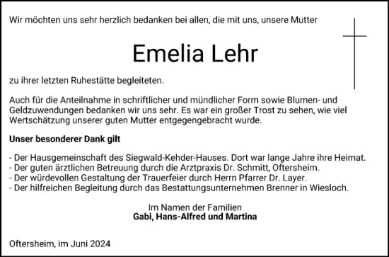 Traueranzeige von Emelia Lehr von Schwetzinger Zeitung