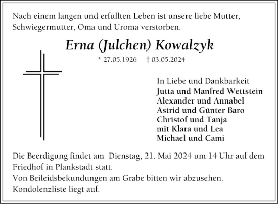 Traueranzeige von Erna Kowalzyk von Schwetzinger Zeitung