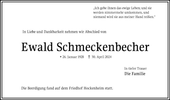 Traueranzeige von Ewald Schmeckenbecher von Schwetzinger Zeitung