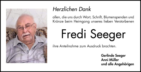 Traueranzeige von Fredi Seeger von Bergsträßer Anzeiger