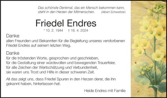 Traueranzeige von Friedel Endres von Fränkische Nachrichten