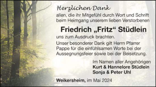 Traueranzeige von Friedrich  Stüdlein von Fränkische Nachrichten