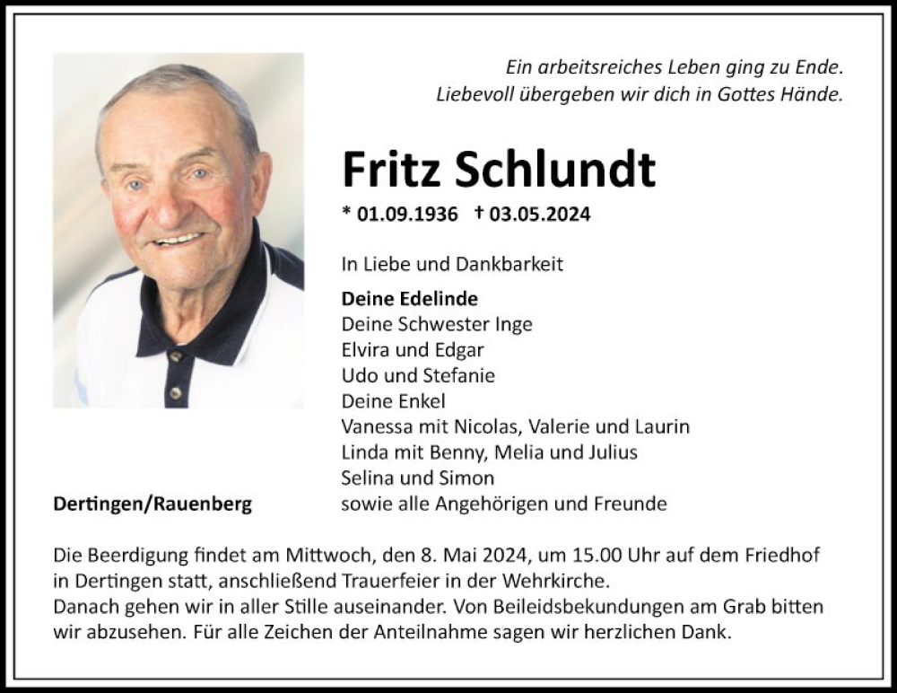  Traueranzeige für Fritz Schlundt vom 07.05.2024 aus Fränkische Nachrichten