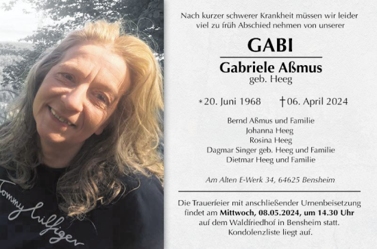 Traueranzeige von Gabriele Aßmus von Bergsträßer Anzeiger
