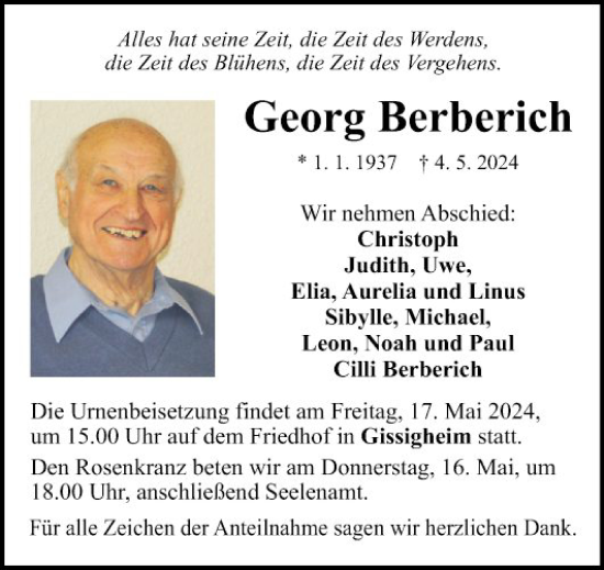 Traueranzeige von Georg Berberich von Fränkische Nachrichten