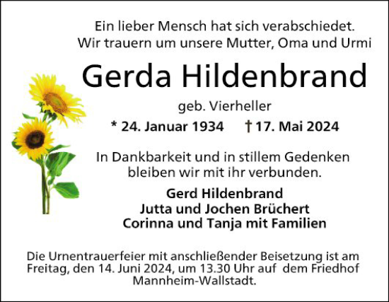 Traueranzeige von Gerda Hildenbrand von Mannheimer Morgen