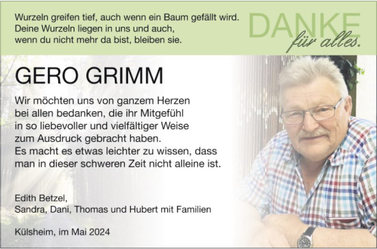 Traueranzeige von Gero Grimm von Fränkische Nachrichten