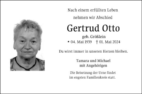 Traueranzeige von Gertrud Otto von Fränkische Nachrichten