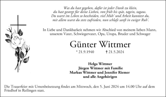 Traueranzeige von Günter Wittmer von Schwetzinger Zeitung