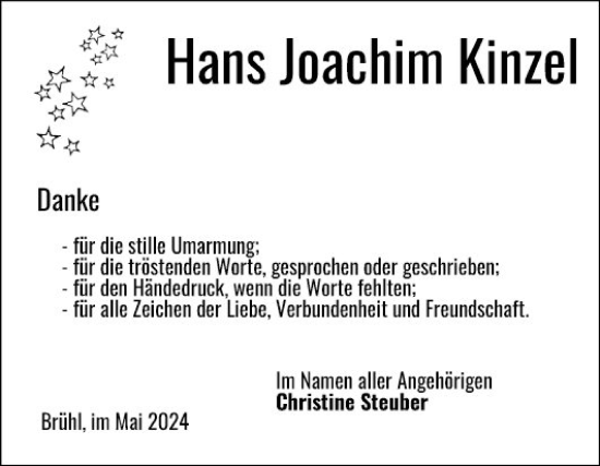 Traueranzeige von Hans Joachim Kinzel von Schwetzinger Zeitung