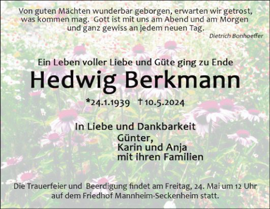 Traueranzeige von Hedwig Berkmann von Mannheimer Morgen