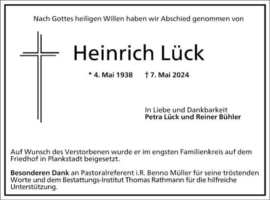 Traueranzeige von Heinrich Lück von Schwetzinger Zeitung