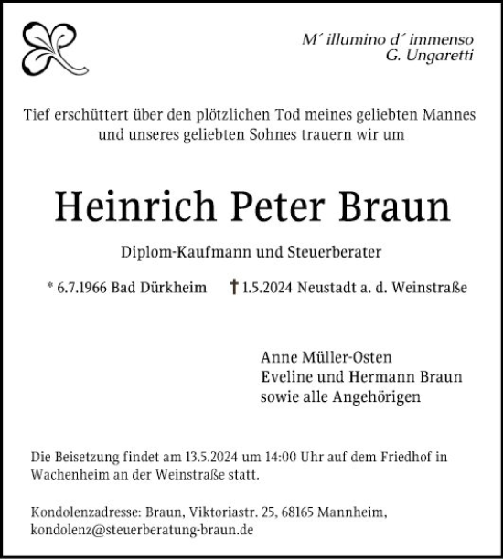 Traueranzeige von Heinrich Peter Braun von Mannheimer Morgen