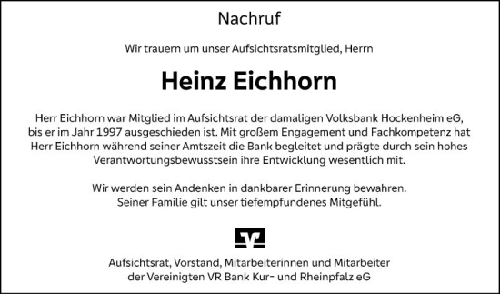 Traueranzeige von Heinz Eichhorn von Schwetzinger Zeitung