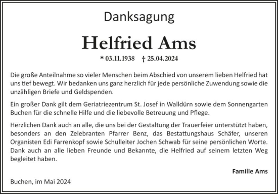 Traueranzeige von Helfried Ams von Fränkische Nachrichten